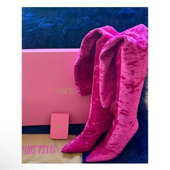 Paris Texas “Mama” Crushed Velvet Over-the-Knee Boots in Hot Pink - Picture 2 of 14